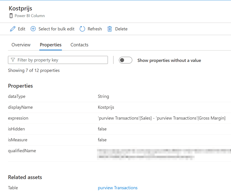 Properties pane of the calculated column in Microsoft Purview