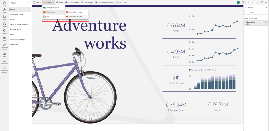 Go to Export, select PowerPoint and then Embed Live data.