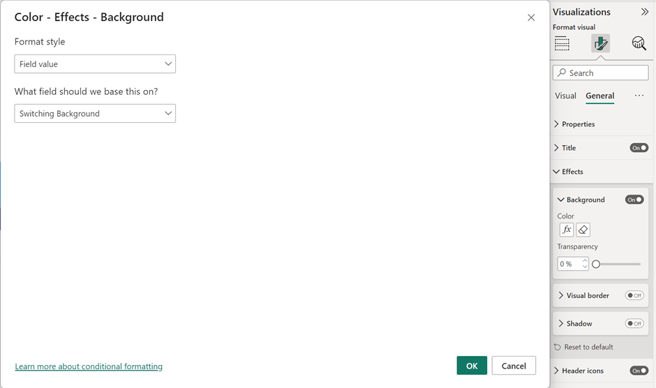 Applying conditional formatting to the visuals.