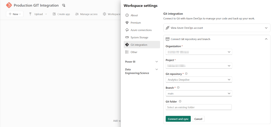 Production workspace connected to main branch.