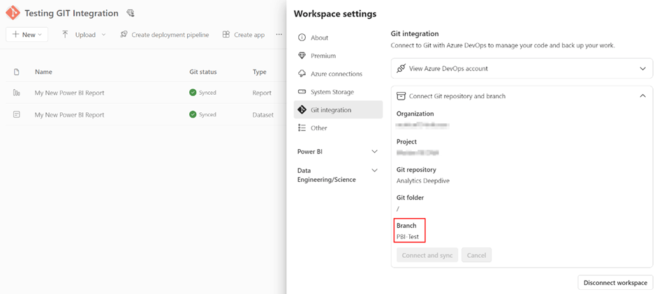 Test workspace connected to Dev branch.