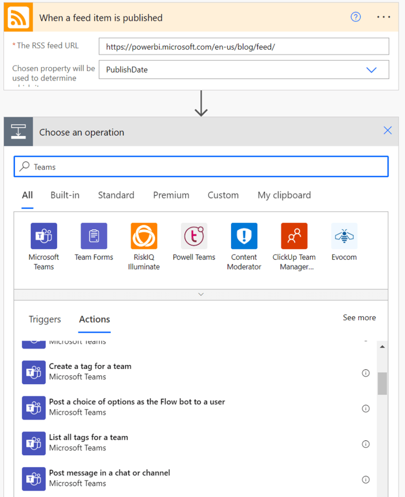 Creating a new flow, using the RSS feed url and the Teams connector