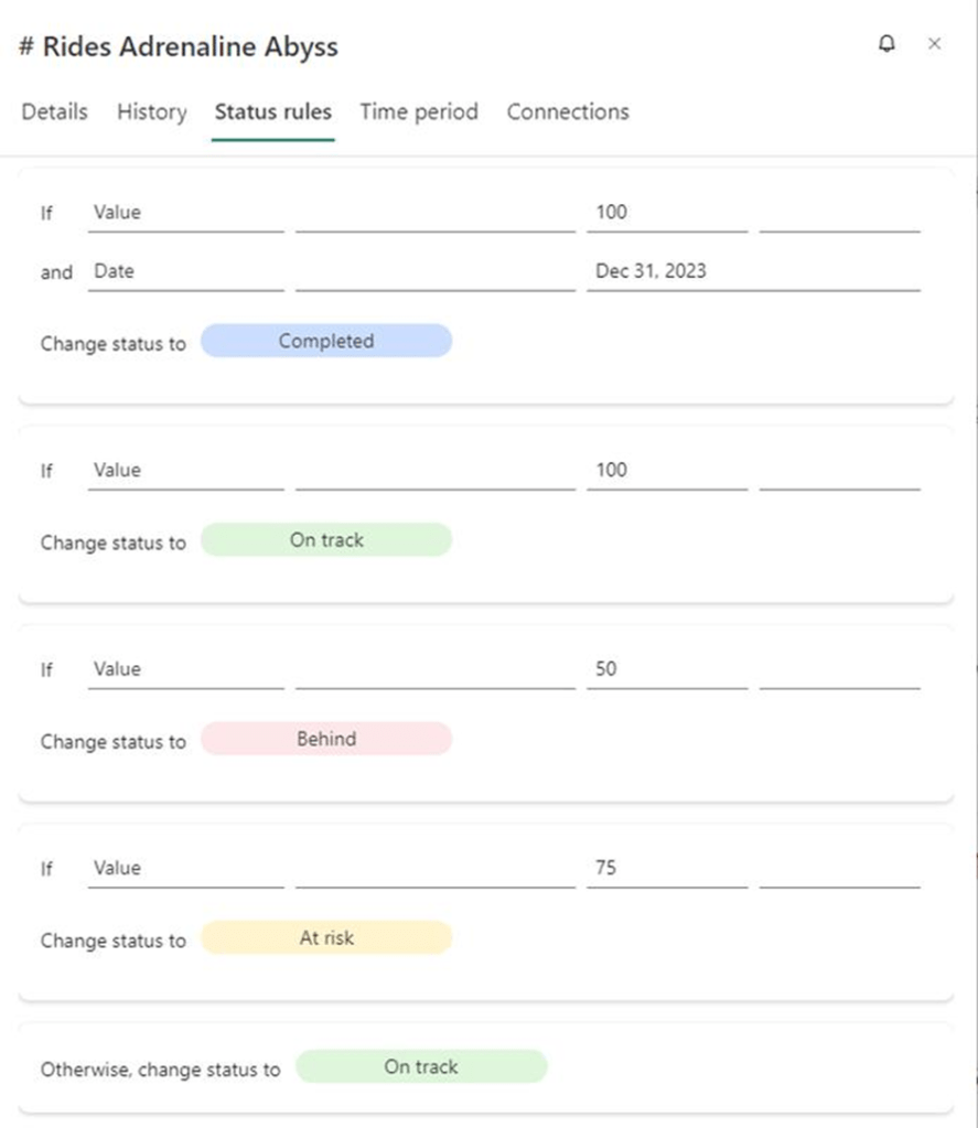 Setting up the rules for my KPI in Power BI Metrics.