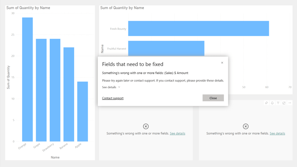 Broken visuals because of a name change in a measure, in a Power BI live connection report.